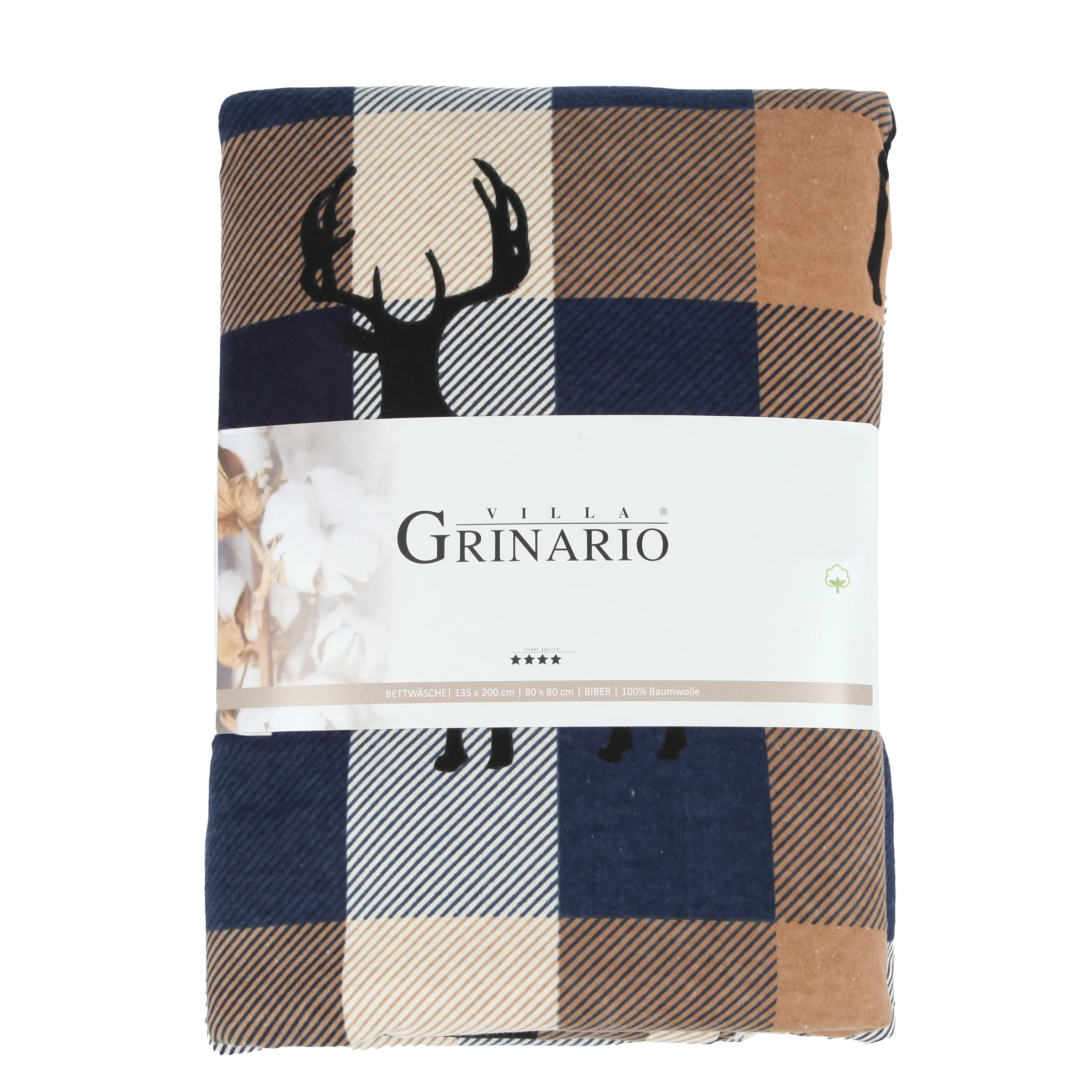 Villa Grinario Biber Bettwäsch flanell Hirsch Blau 882061 BLAU/CAMEL 2