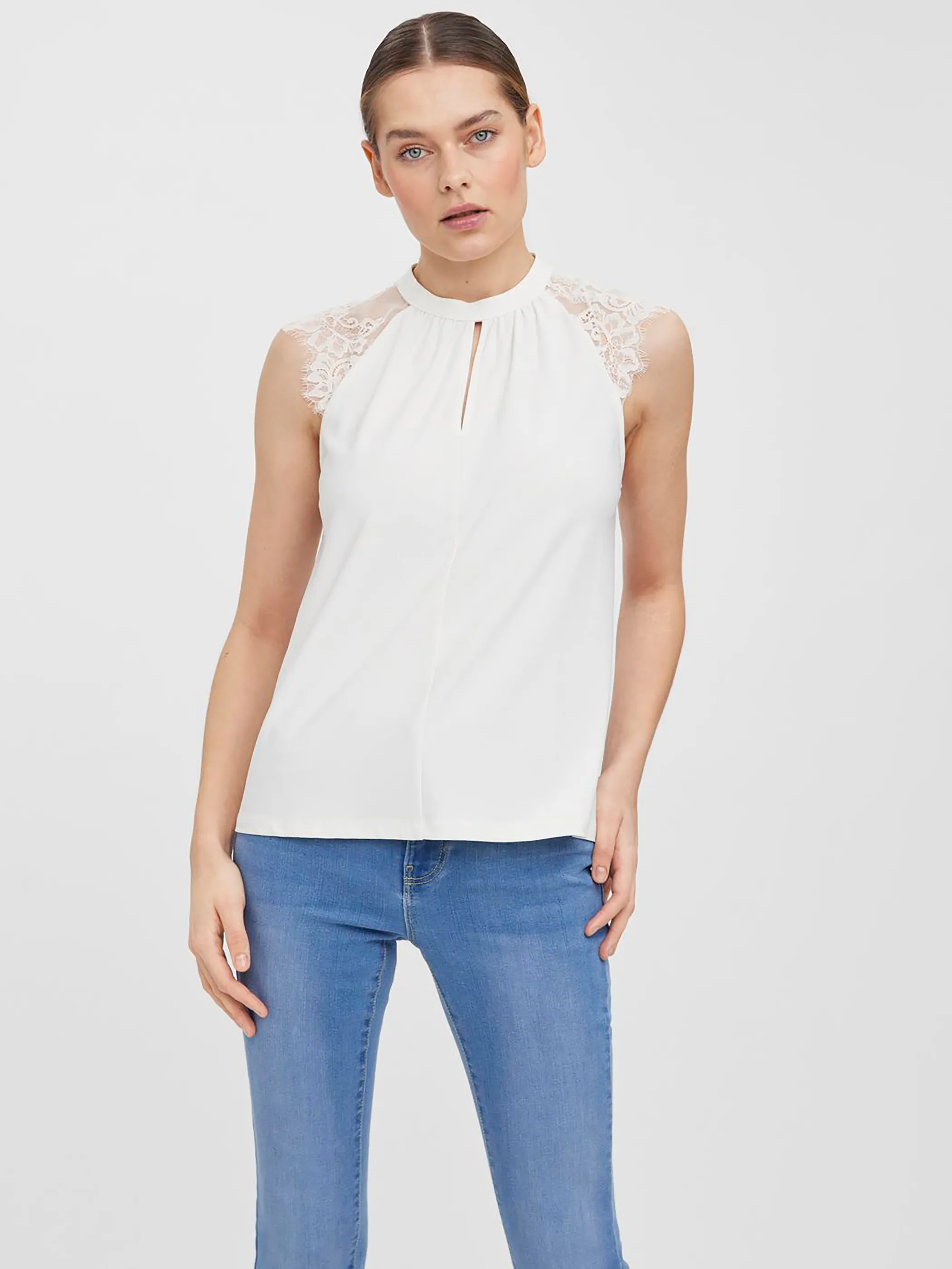 Vero Moda 10226072 VMMILLA SL LACE TEE G Weiß 873831 175598 3