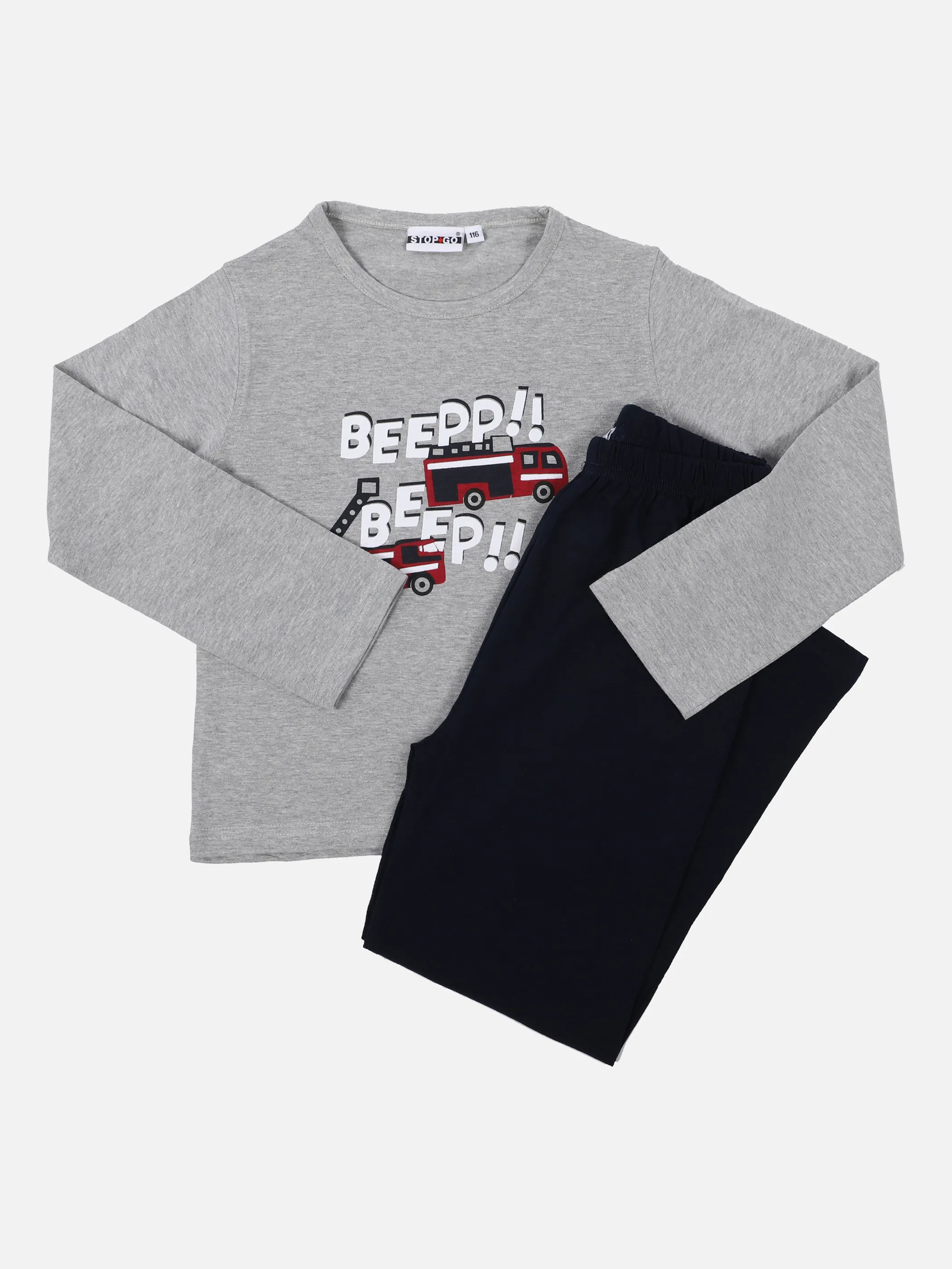 Stop + Go Kn. Pyjama Set lang mit Feuerw Grau 857956 GREY MEL 1 Stop + Go Kn. Pyjama Set lang mit Feuerw Grau 857956 GREY MEL 1